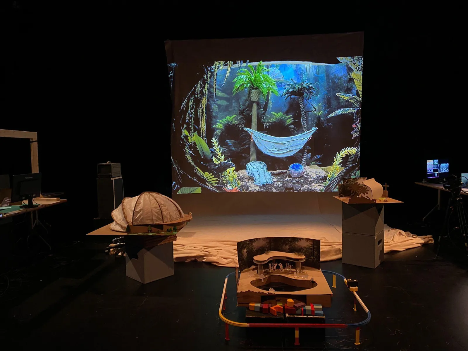 Echo Engine live cinema workshop with miniature sets and a projected forest world