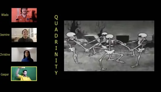 Screen capture: the participants beside an old cartoon of dancing skeletons