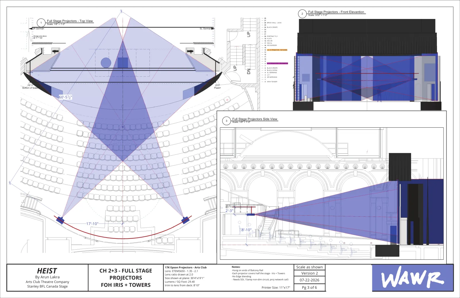 Heist, projection drafting: two full-stage projectors seen from above, their beams crossing over the audience, with a front elevation and a side view