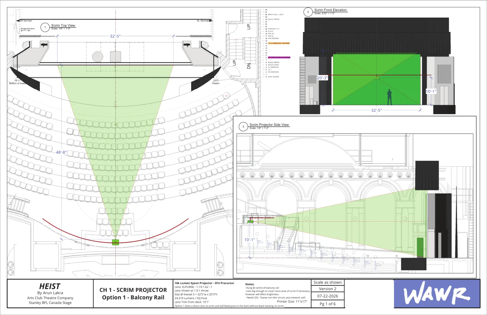 Heist, projection drafting: the scrim projector on the balcony rail, its beam drawn in green from above and from the side