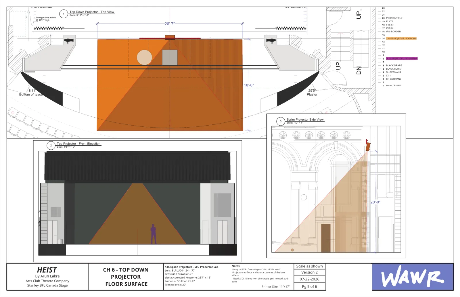 Heist, projection drafting: a top-down projector covering the stage floor, drawn in orange from above, the front and the side