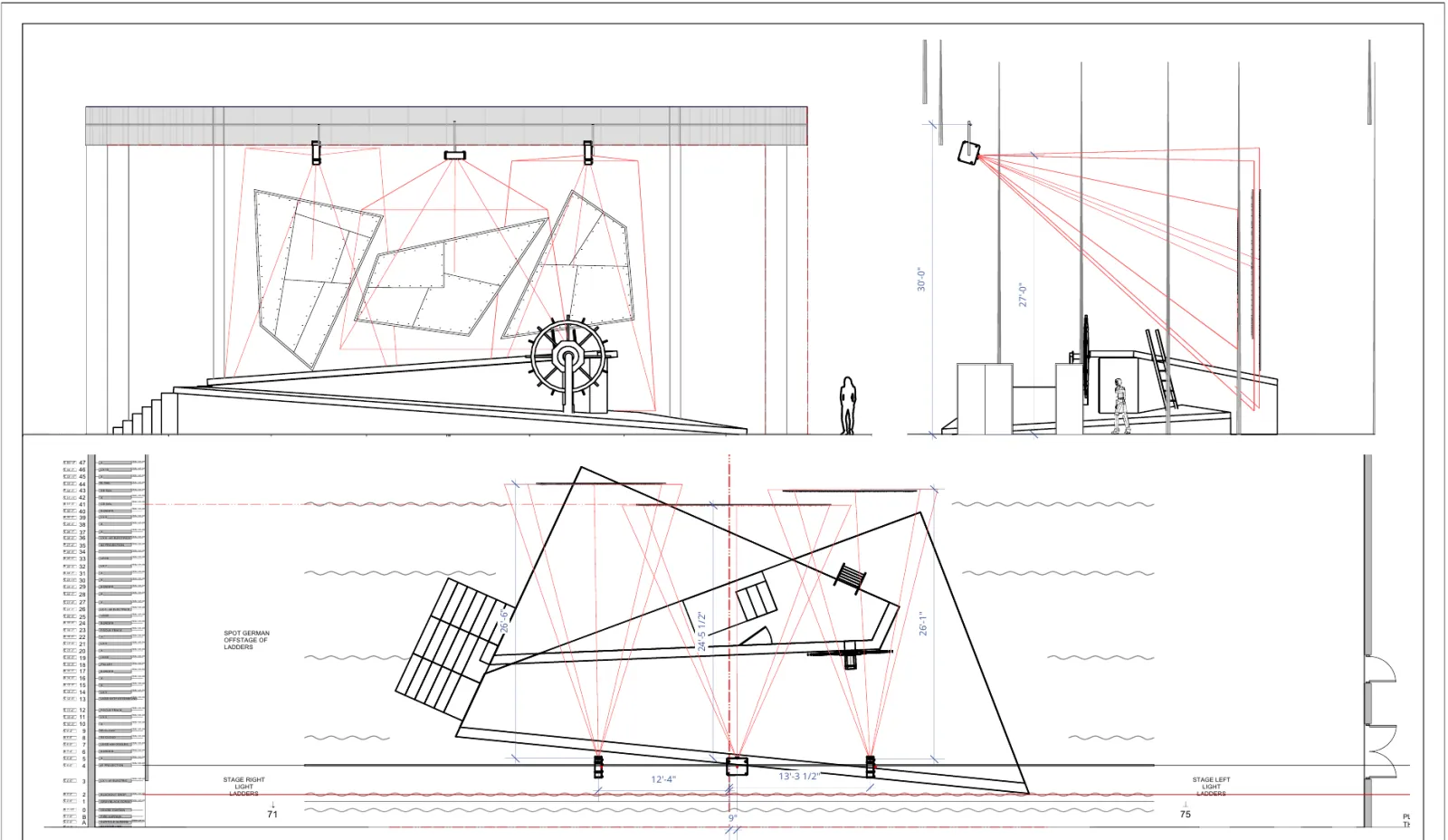 The Flying Dutchman, sails projection plan: a section and a plan of the stage with each projector’s beam drawn onto the three sails