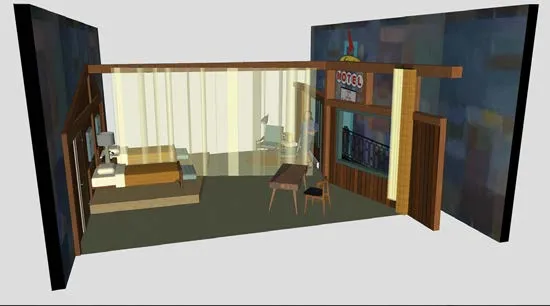 The Mountaintop, 3D model of the set: a motel room between two tall walls